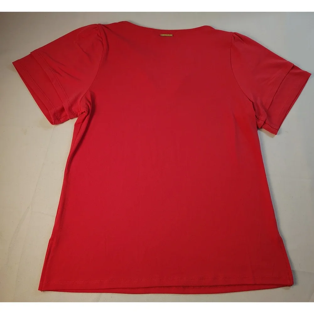 MICHAEL KORS Coral Red Grommet Lace Up V-Neck Short Sleeve Puff Top Boho Chic S